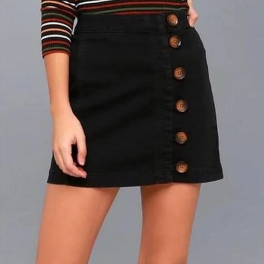 Free People Black Denim Button Front Mini Skirt Size 2